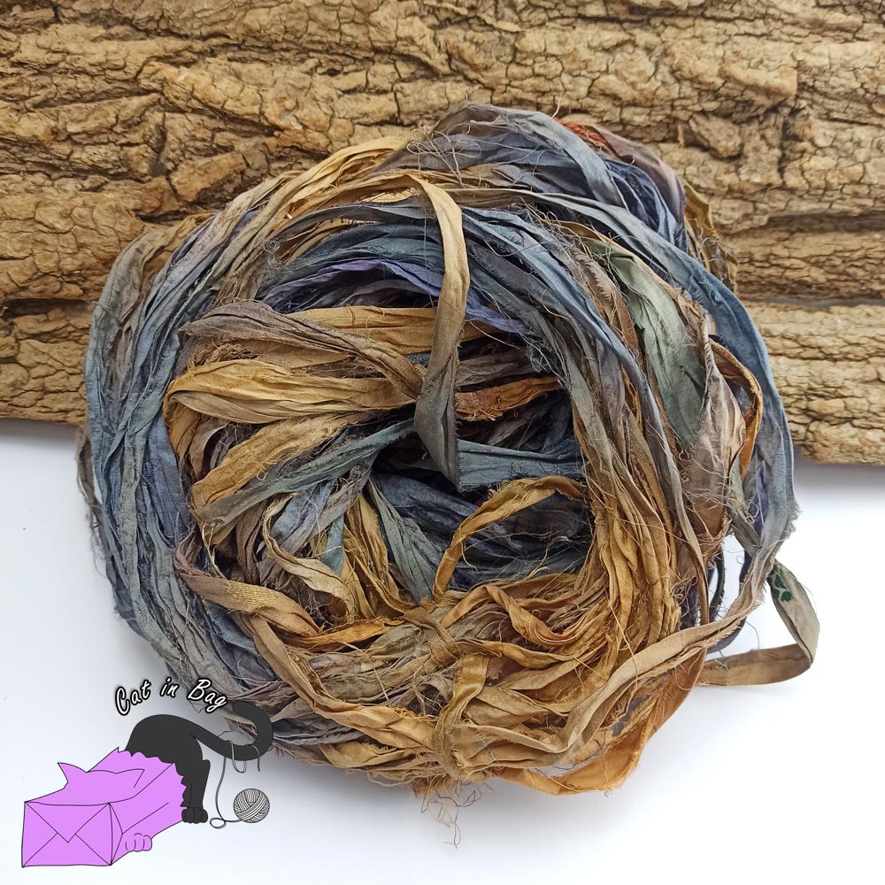 Blue earth, recycled sari silk ribbons