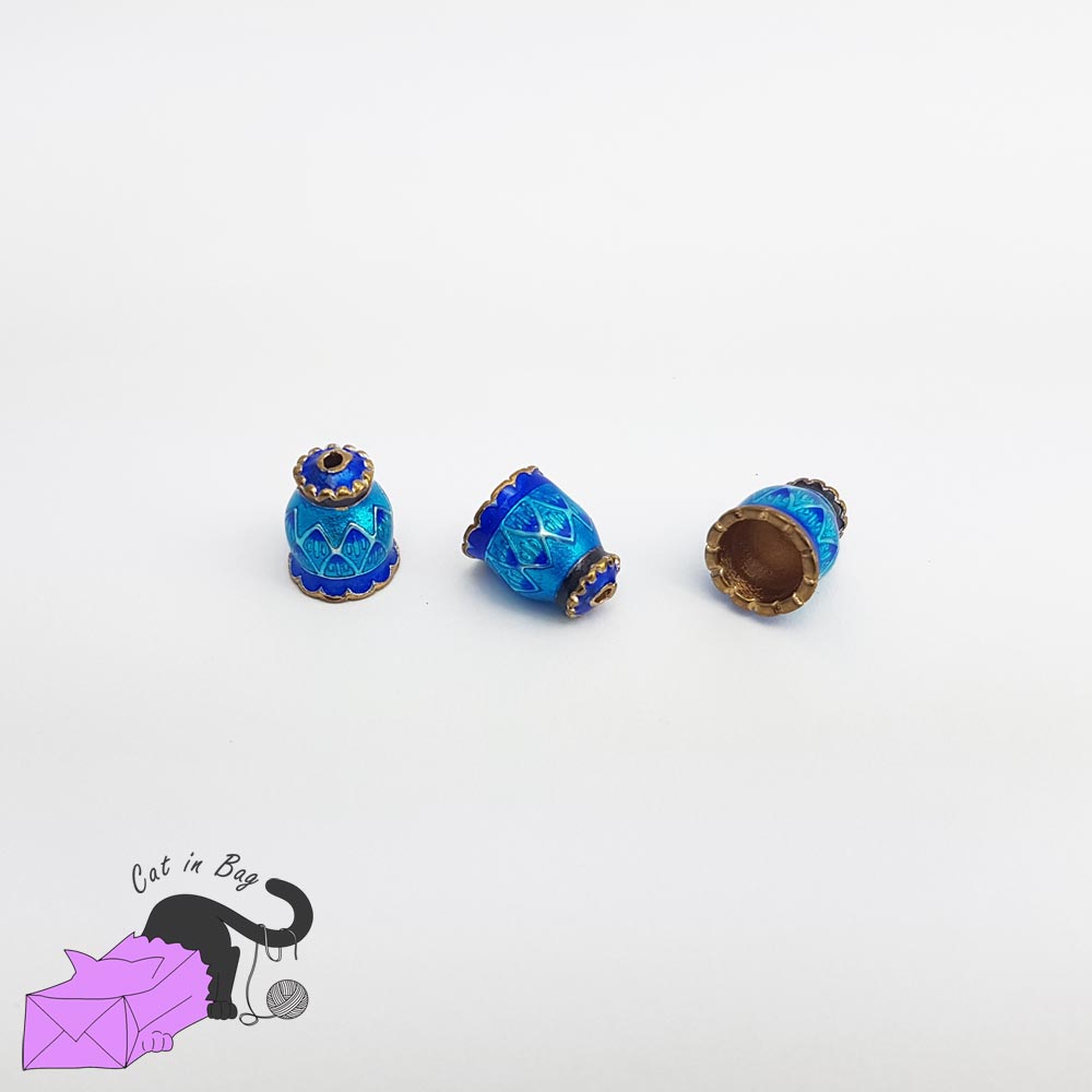 2 brass blu enamel bead caps