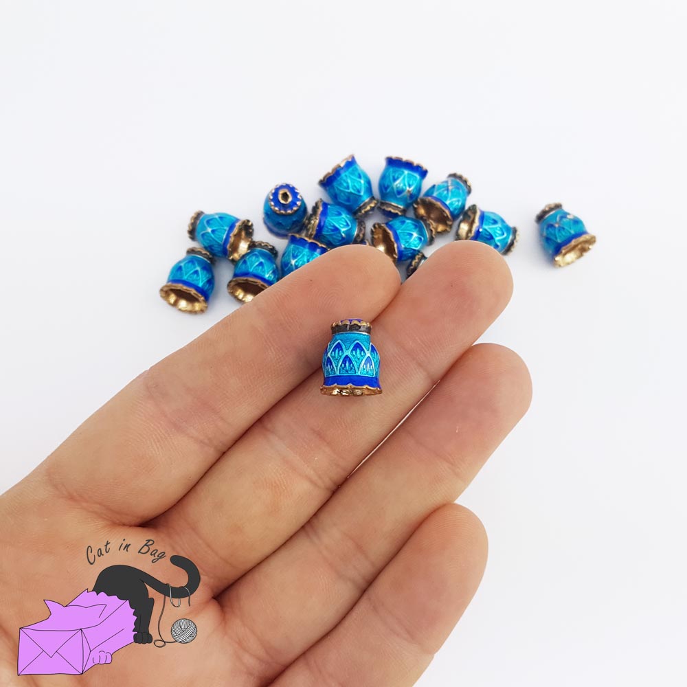 2 brass blu enamel bead caps