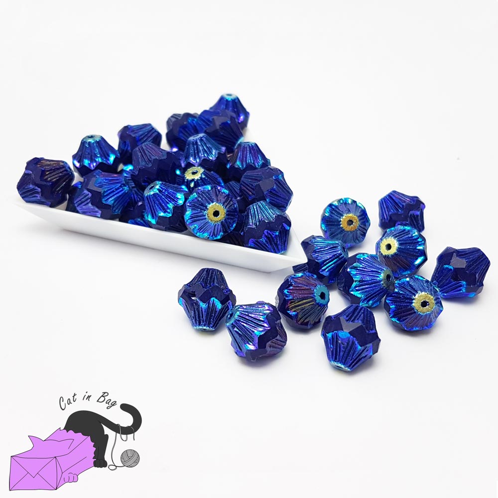 4 perle bicono in cristallo di Boemia blu dicroico 13x11 mm