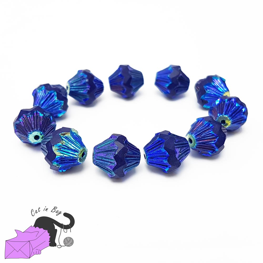 4 perle bicono in cristallo di Boemia blu dicroico 13x11 mm