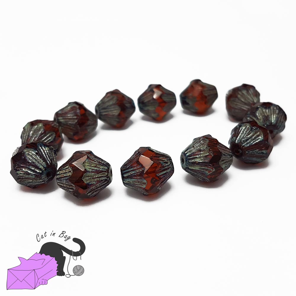 4 bicone dark orange Czech glass beads 13x11 mm