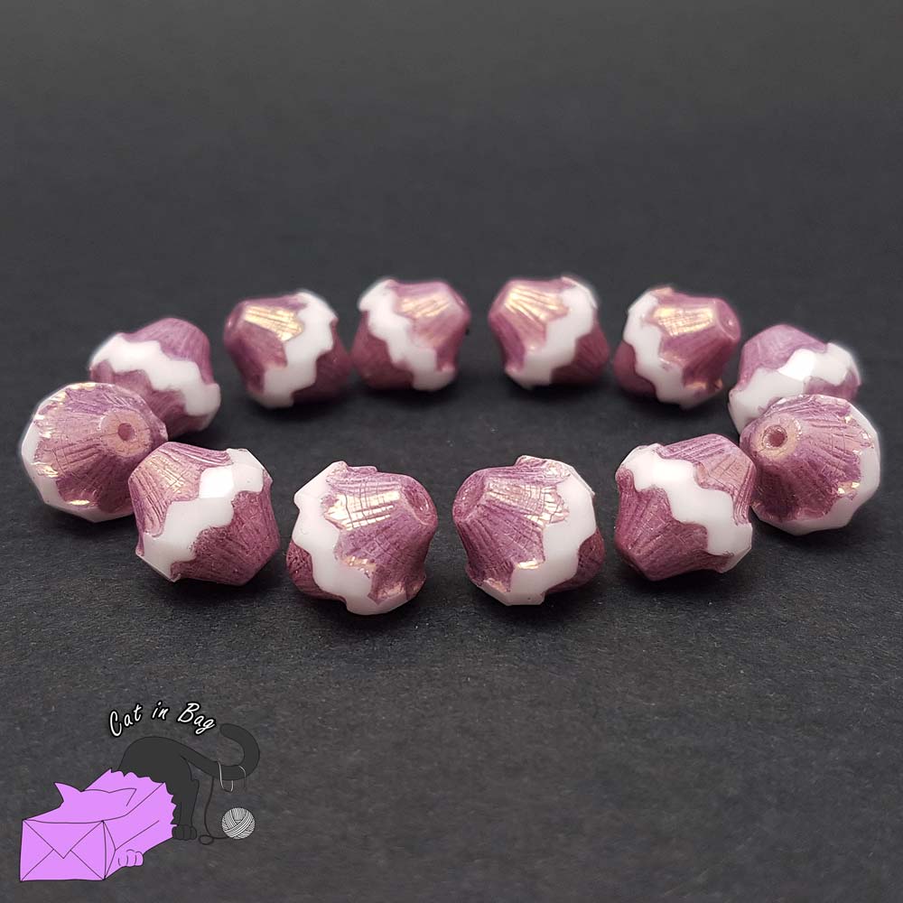 4 perle in cristallo di Boemia, bicono rosa, bianco e oro 11x10 mm