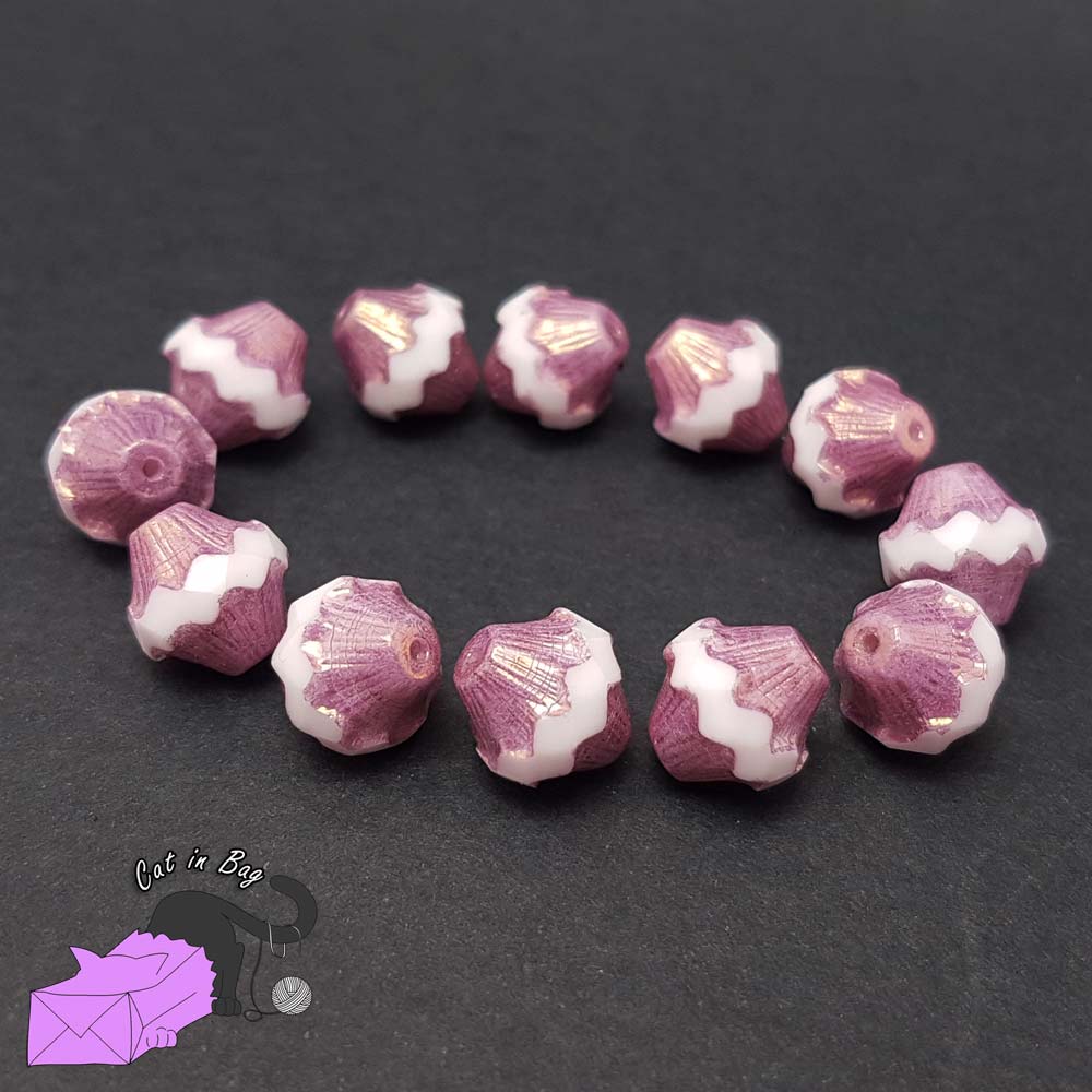 4 perle in cristallo di Boemia, bicono rosa, bianco e oro 11x10 mm