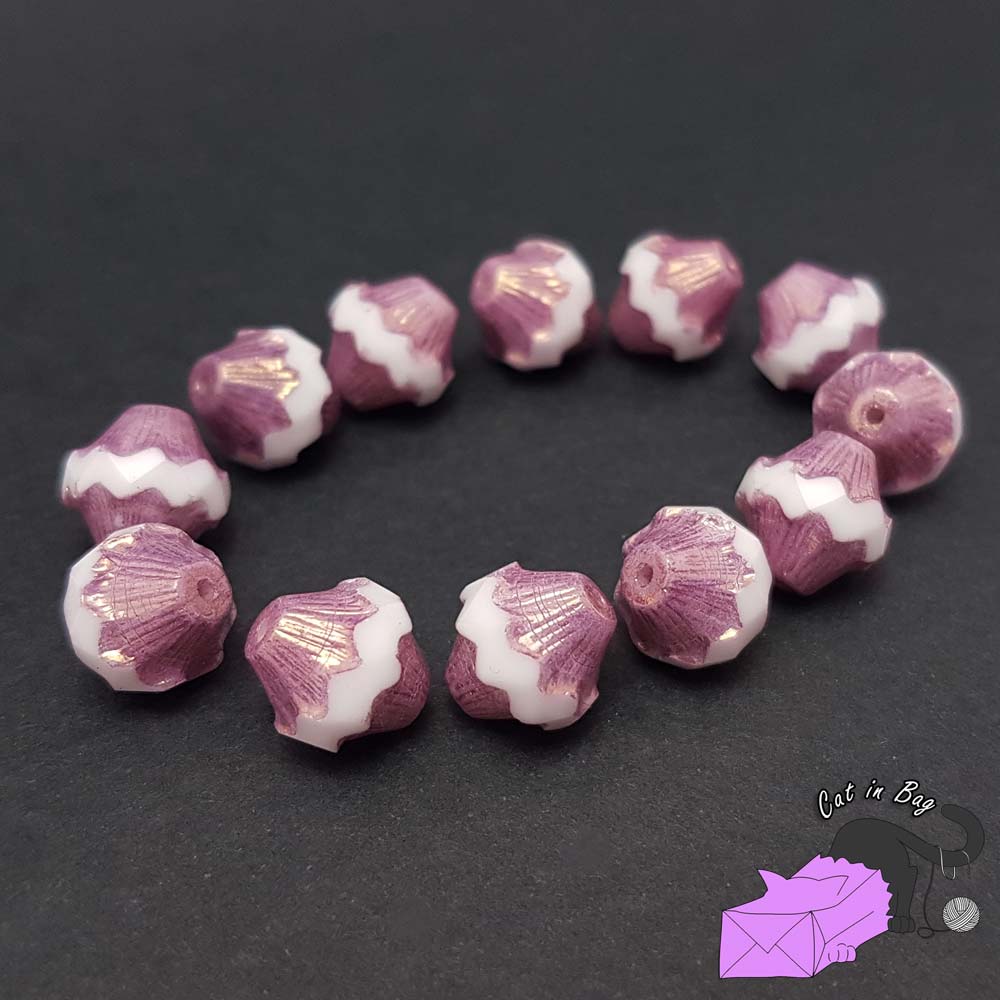 4 perle in cristallo di Boemia, bicono rosa, bianco e oro 11x10 mm