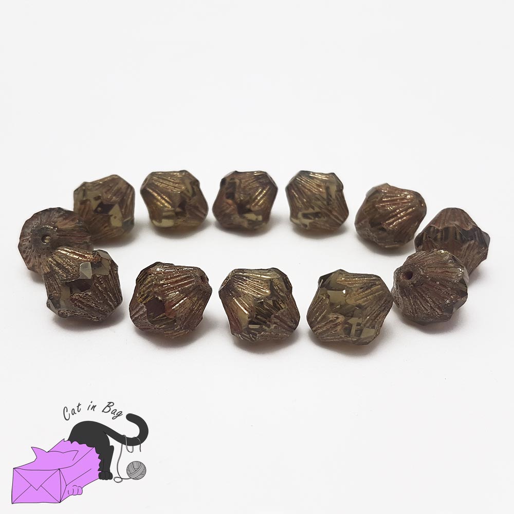 4 Czech glass beads bicone dark olive green red 13x11 mm