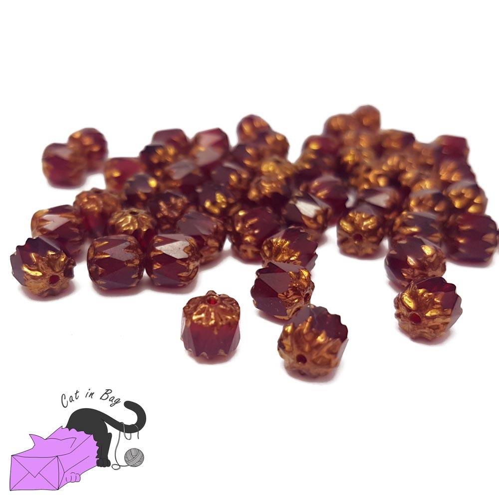 10 Czech glass beads, dark red and gold, 5x4 mm