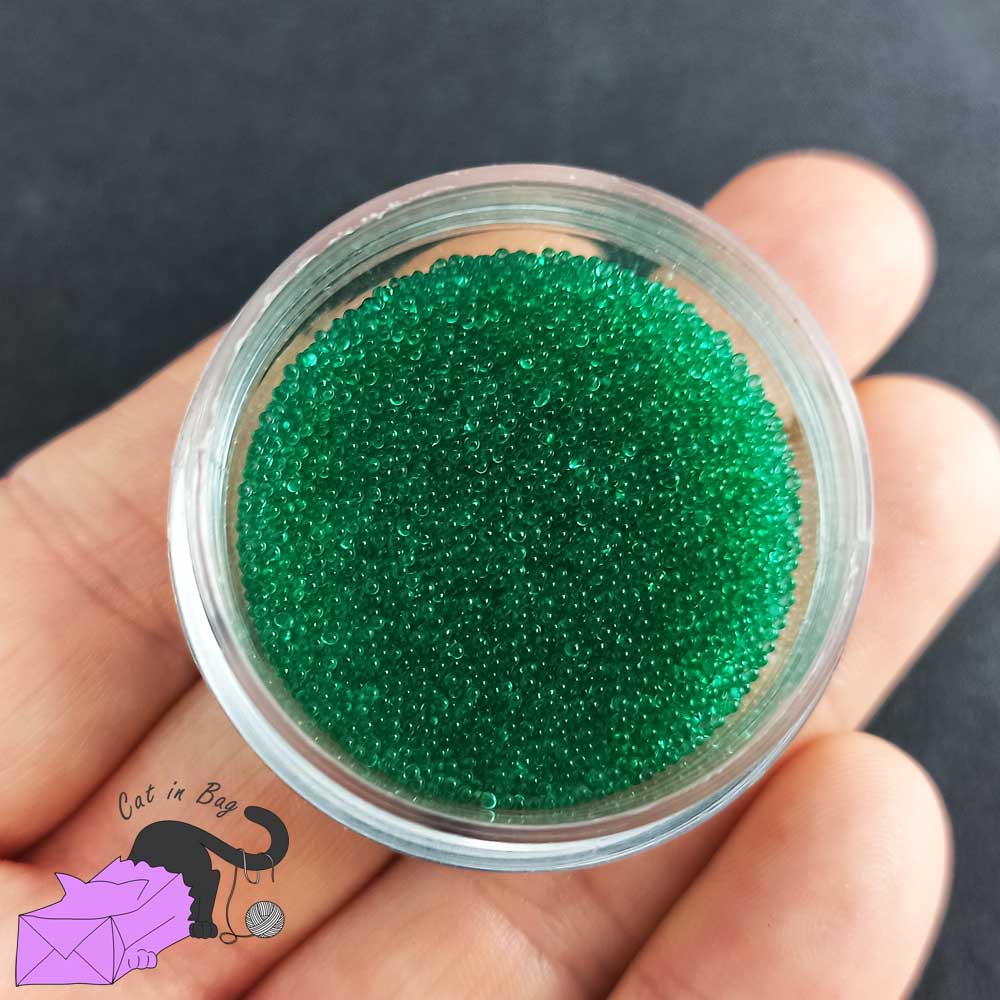Micro caviar glass beads, semi transparent, emerald green, with box