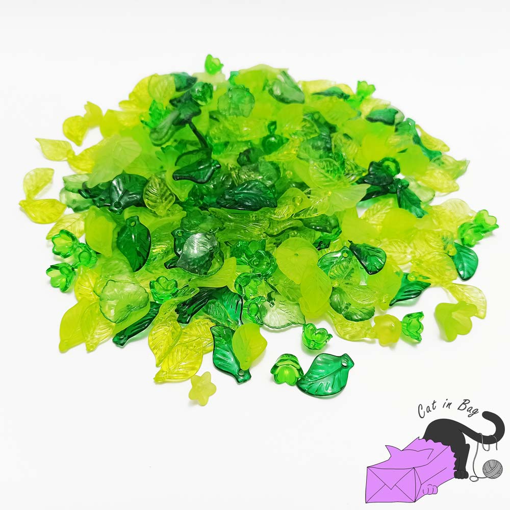 50 gr of mixed acrylic flowers and leaves in green shades