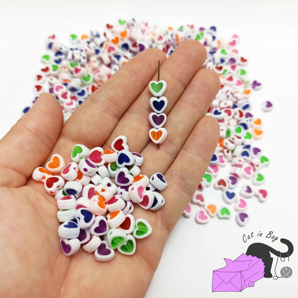Mixed colour semi-transparent heart beads, 100 pcs