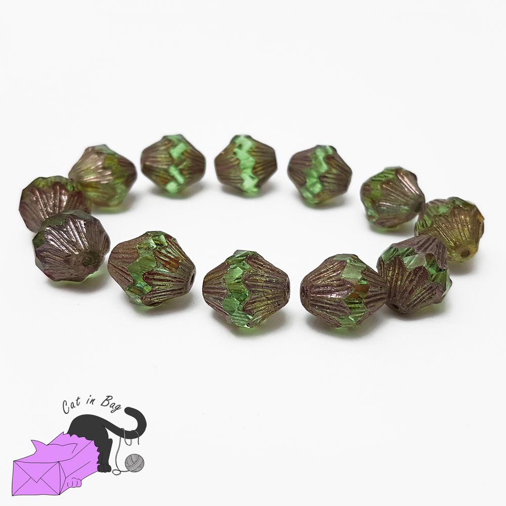 4 perle bicono in cristallo di Boemia verde oro 13x11 mm