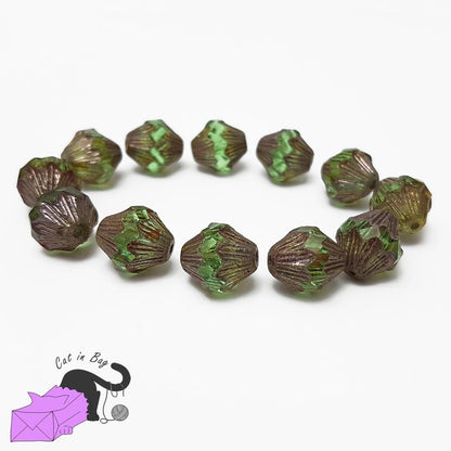 4 perle bicono in cristallo di Boemia verde oro 13x11 mm