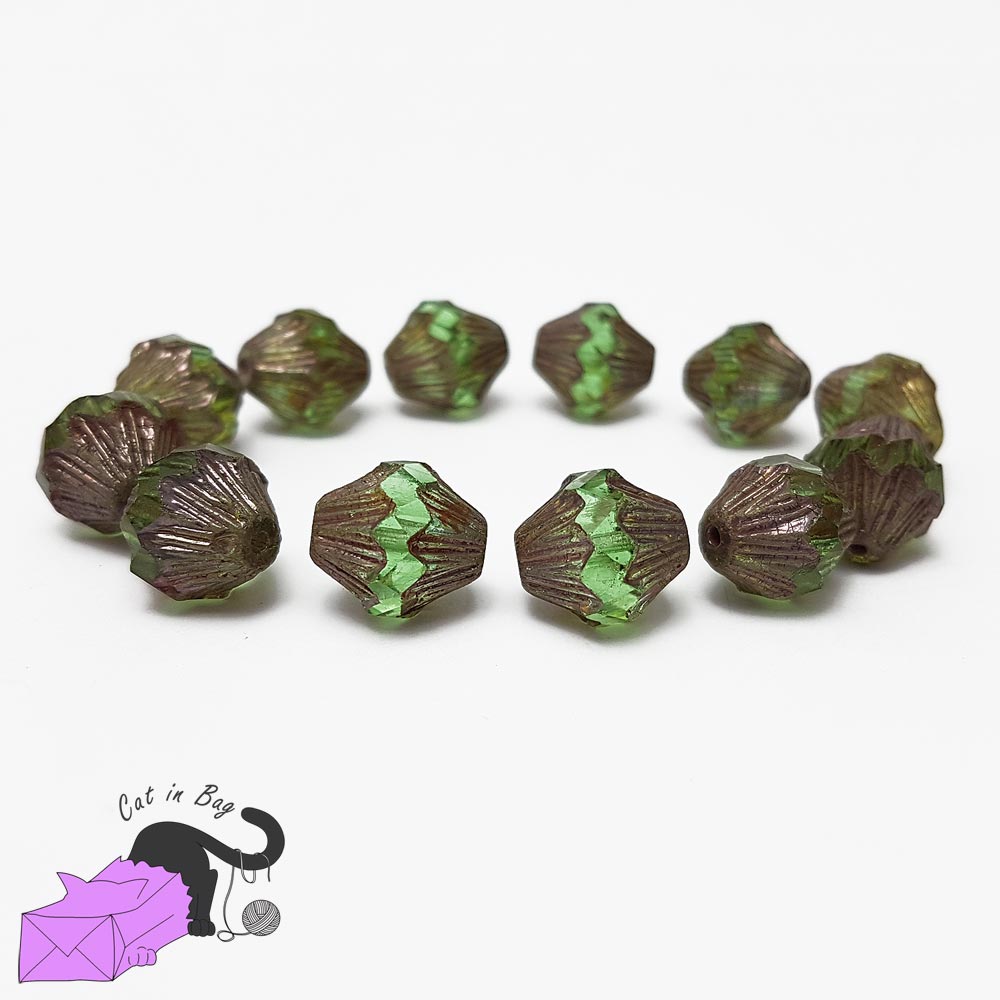4 perle bicono in cristallo di Boemia verde oro 13x11 mm