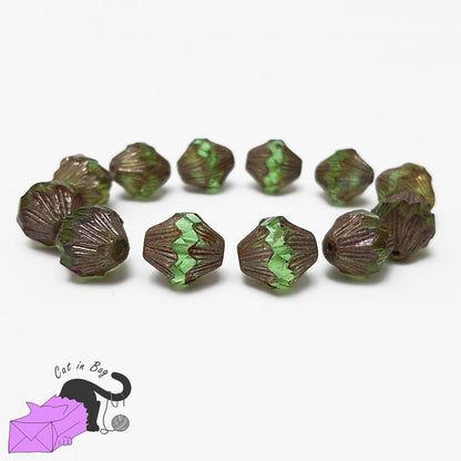 4 perle bicono in cristallo di Boemia verde oro 13x11 mm