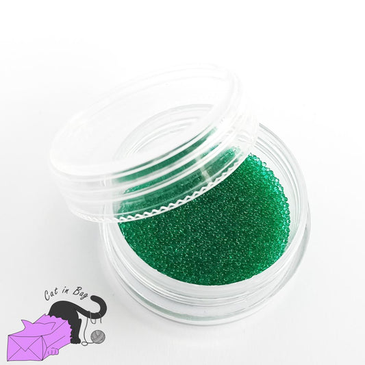 Micro caviar glass beads, semi transparent, emerald green, with box